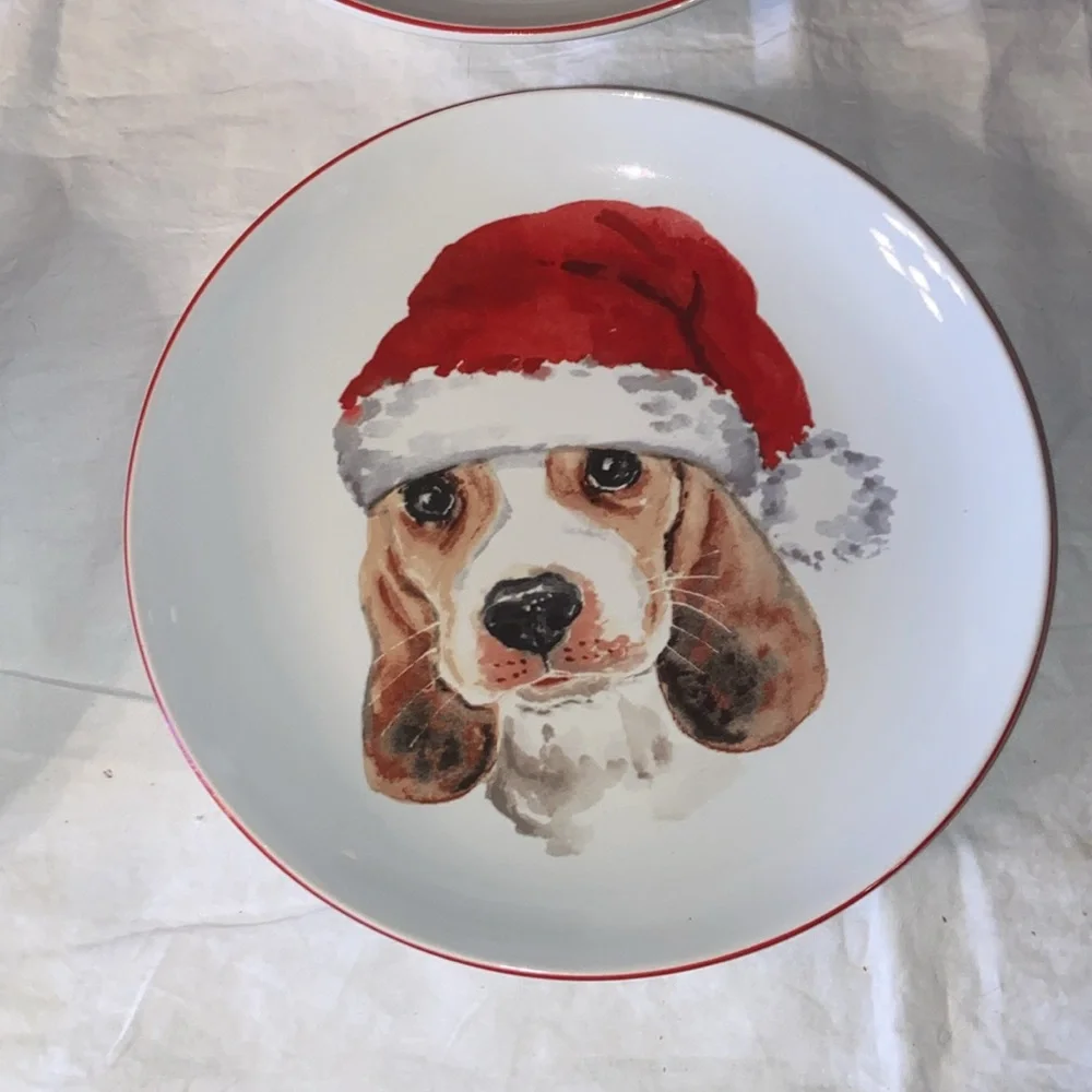New in box Pier 1 Holiday Christmas dogs set of 4 salad plates.